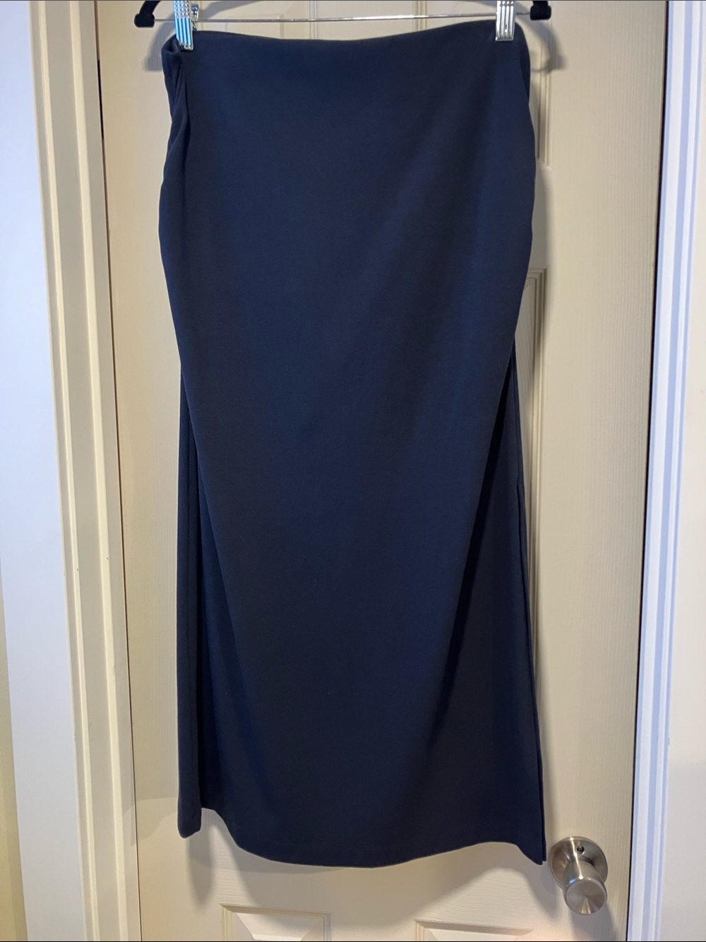 CAbi Navy ruched ribbed Side-Slit Midi Skirt